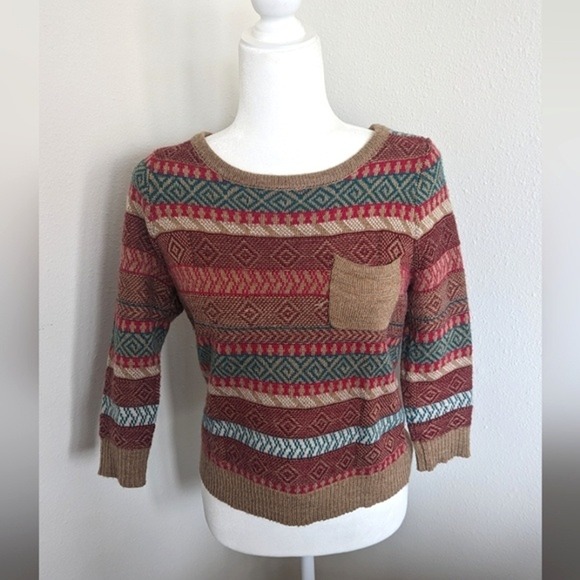 Design History Sweaters - Design History Sweater Small Multicolored Bohemian Wool Blend Pullover Pocket